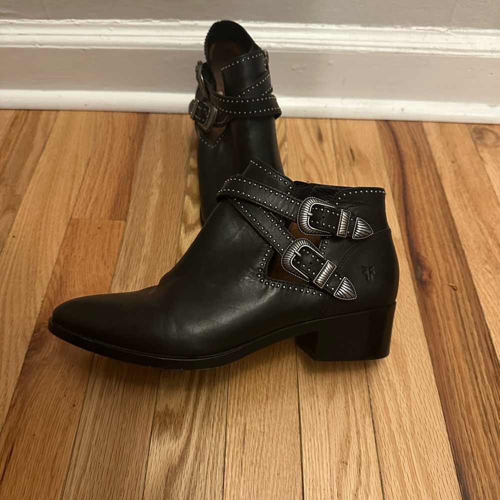 Frye Black Leather Studded Double Buckle Ankle Booties
